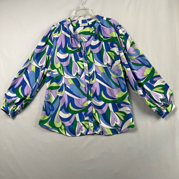 Whimsy Tops - Belle Kim Gravel Blouse Womens Plus 1X Button Up V-neck Abstract Swirl Top